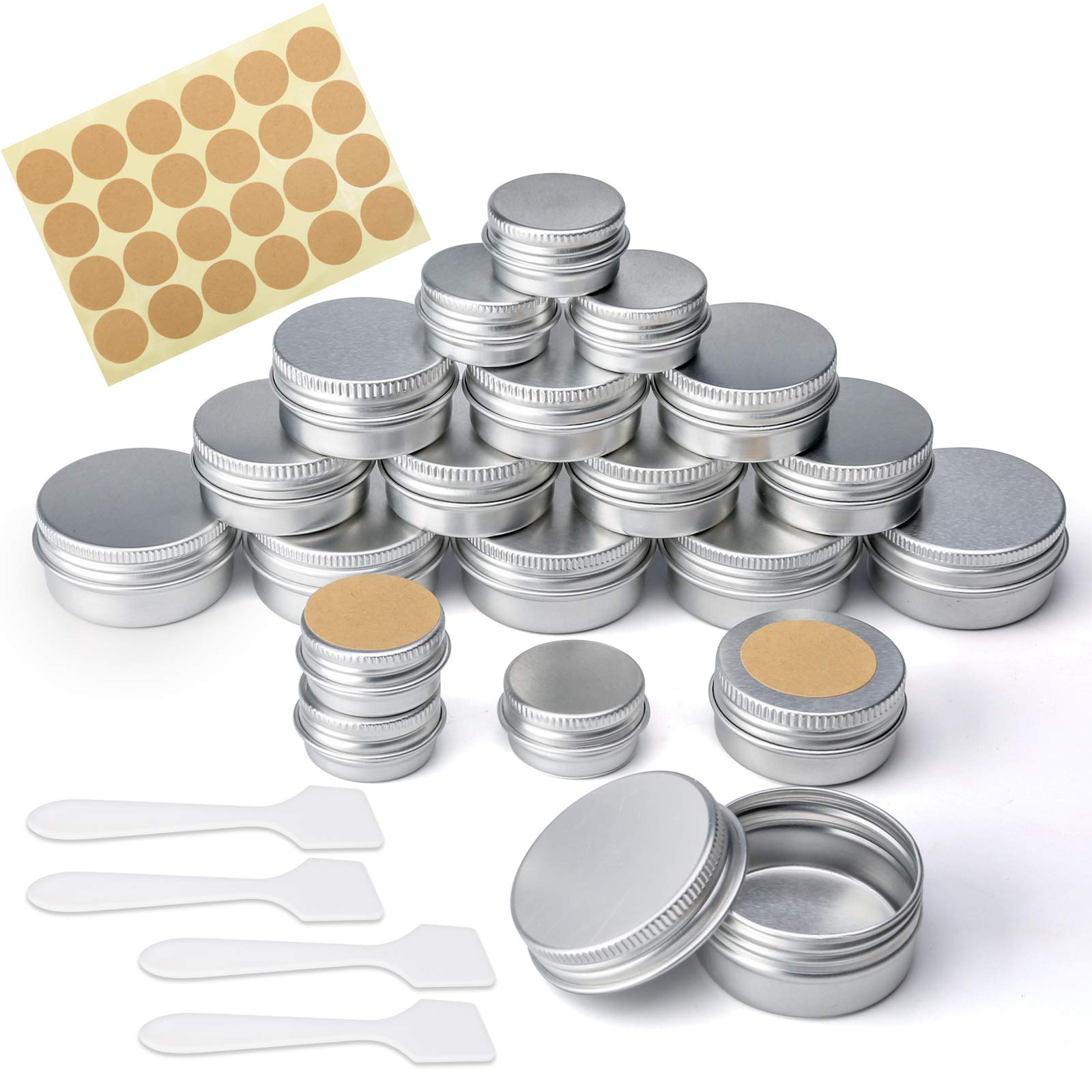 20 Pcs Empty Cosmetics Container Pots 3 Sizes Aluminium Tin Jars with Screw Lids, Labels and Mini Spatula, Sample Pots for Lip Balm, Candle Making, Cream, Sample, Powder, Cosmetics (20ml 10ml 5ml)
