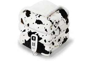 blunique Cow Print Heated Blanket Full-Heating Electric Blanket Full with 10 Heat Levels & 10 Hours Auto-Off, Cozy Soft Fleece Sherpa, Washable, 72 x 84 Inches Cow Print White