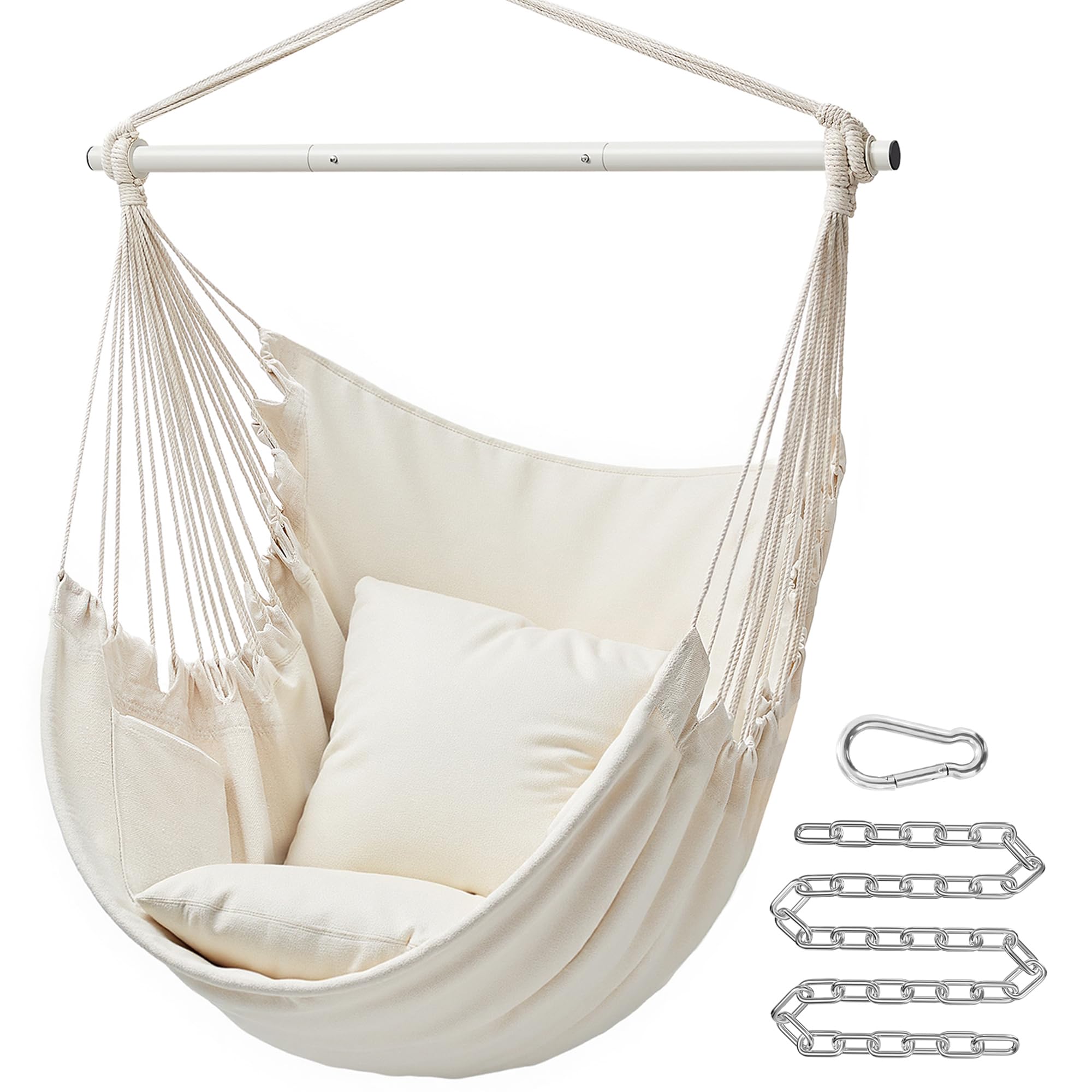 SONGMICS Hammock Chair, Load Capacity 500 lb, Hanging Chair with 2 Cushions, Large Hammock Swing with Chain and Pocket, for Indoor, Outdoor, Living Room, Bedroom, Cream White UGDC197M01 Image