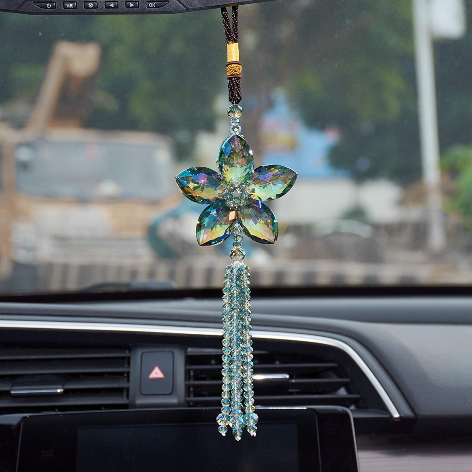 ATMOMOATMOMO Crystal Flower Car Rear View Mirror Pendant Car Hanging Ornament Lucky Car Charm with Dangle Beads, Colorful Green