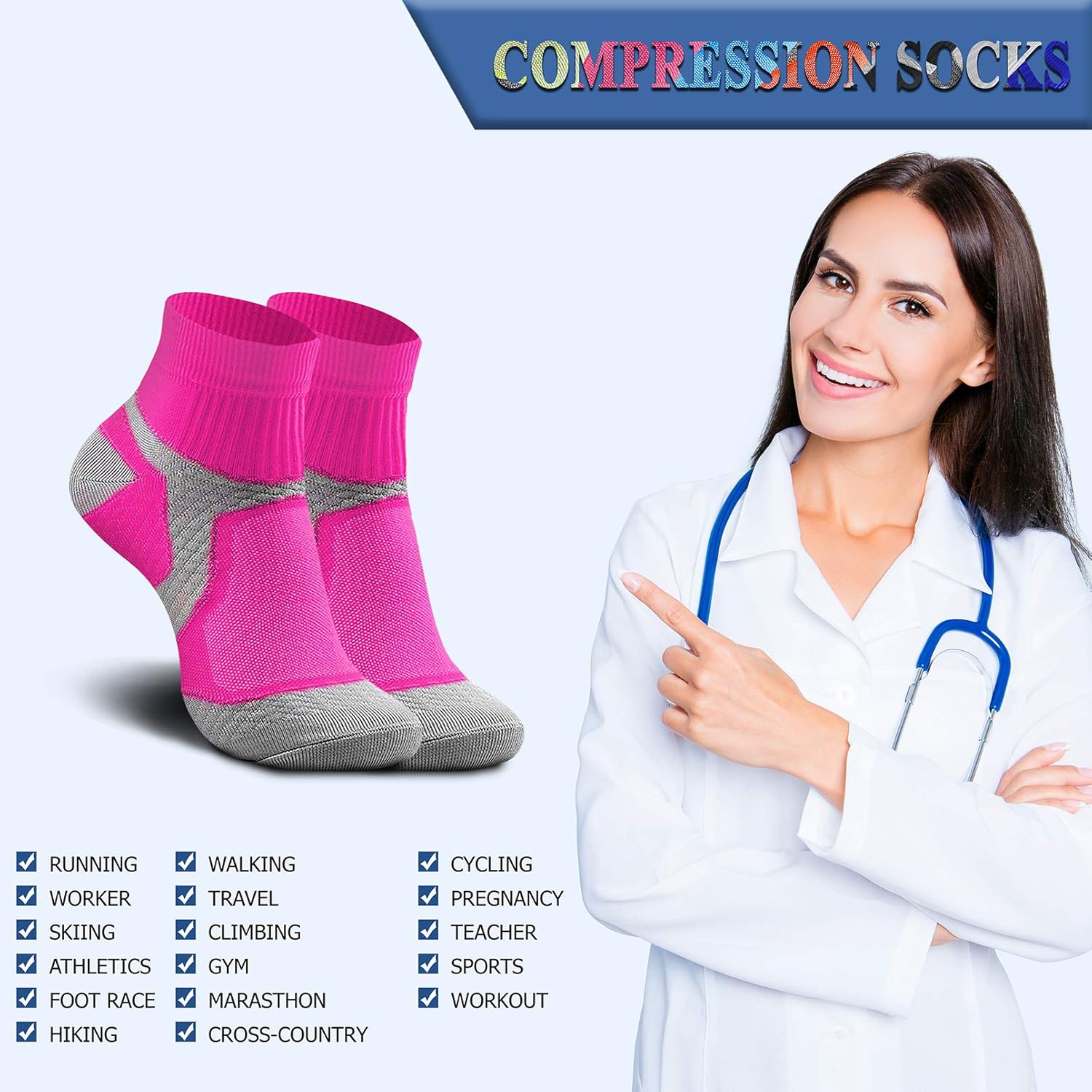 QUXIANG Compression Socks for Women & Men Circulation 3/6/7 Pairs Arch Ankle Support 15-20 mmHg Best for Running Cycling: Clothing