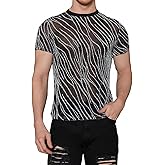 WDIRARA Men's Floral Print See Through Round Neck Short Sleeve Mesh Tshirt Party Top