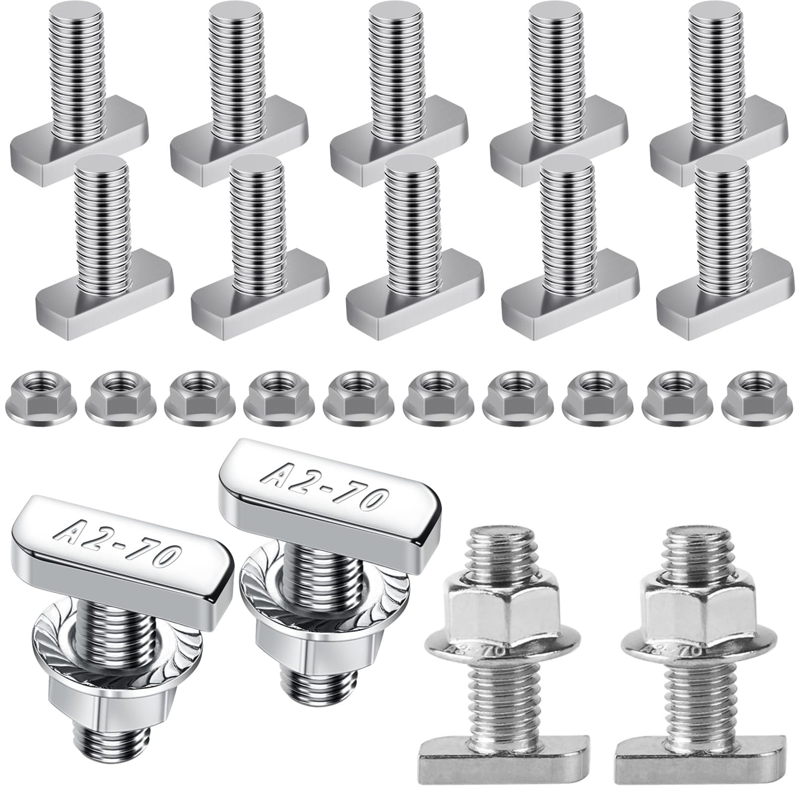T Bolt Set M8x20mm T Slot Drop-in Bolt Hammer Head Bolts T Shape Stud Sliding Screw with 10 Pcs Hexagon Flange Nuts for Aluminum Extrusion Profile Photovoltaic Solar Mounting
