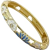 sunglnl Cloisonne Bracelet For Women, Lotus Diamond Enamel Cute Multi Tone Chunky Bangle Gold Plated Hollow Vintage Bracelets Stackable Wife Jewelry Friendship Gift