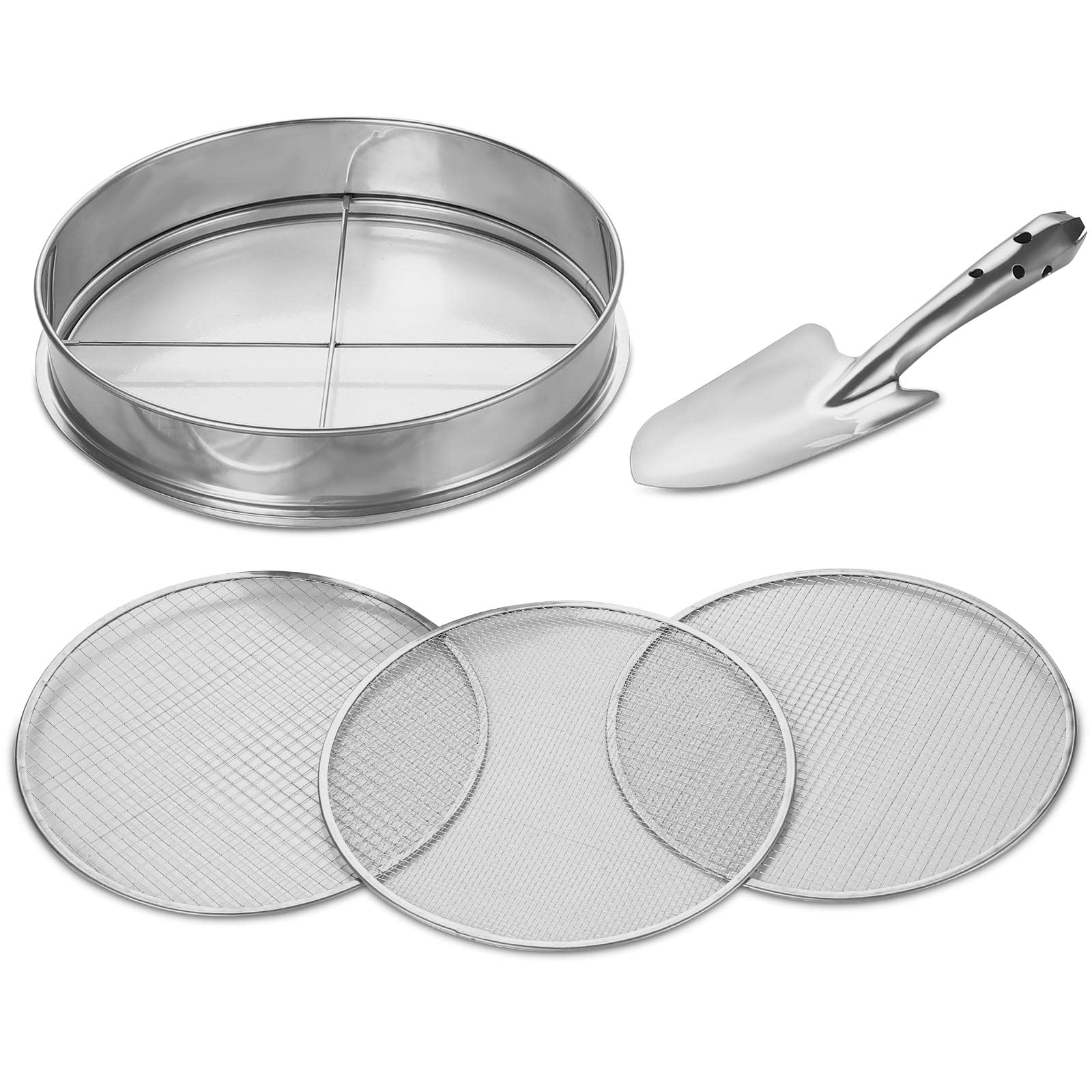 Johgee Garden Sieve, 3 Gardening Sieves Mesh, Soil Sieve Stainless Steel, Mesh Sizes 9mm/6mm/3mm, 1 Shovel, Garden Tools for Soil and Stones
