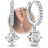 Hoop Earrings with Dangle Round - Sterling Silver Huggie Hoop Earrings for Women Trendy Hypoallergenic Small Loop Earring with Dangling Charm for Sensitive Ears Cubic Zirconia Fashion Jewelry Gifts