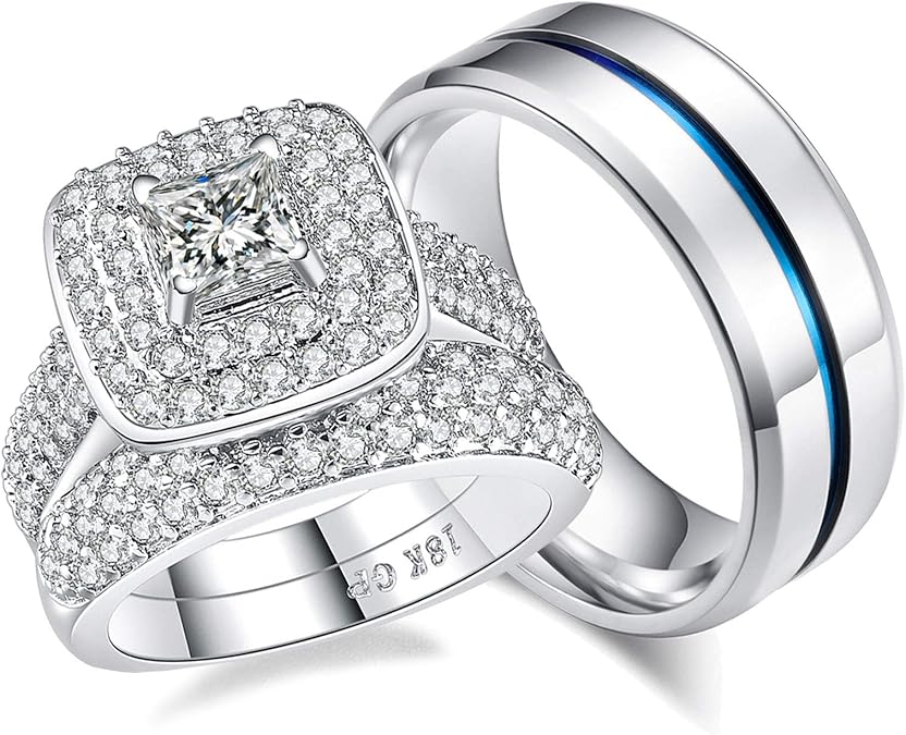 Ahloe Jewelry 1.8Ct Princess Wedding Ring Sets for Him and