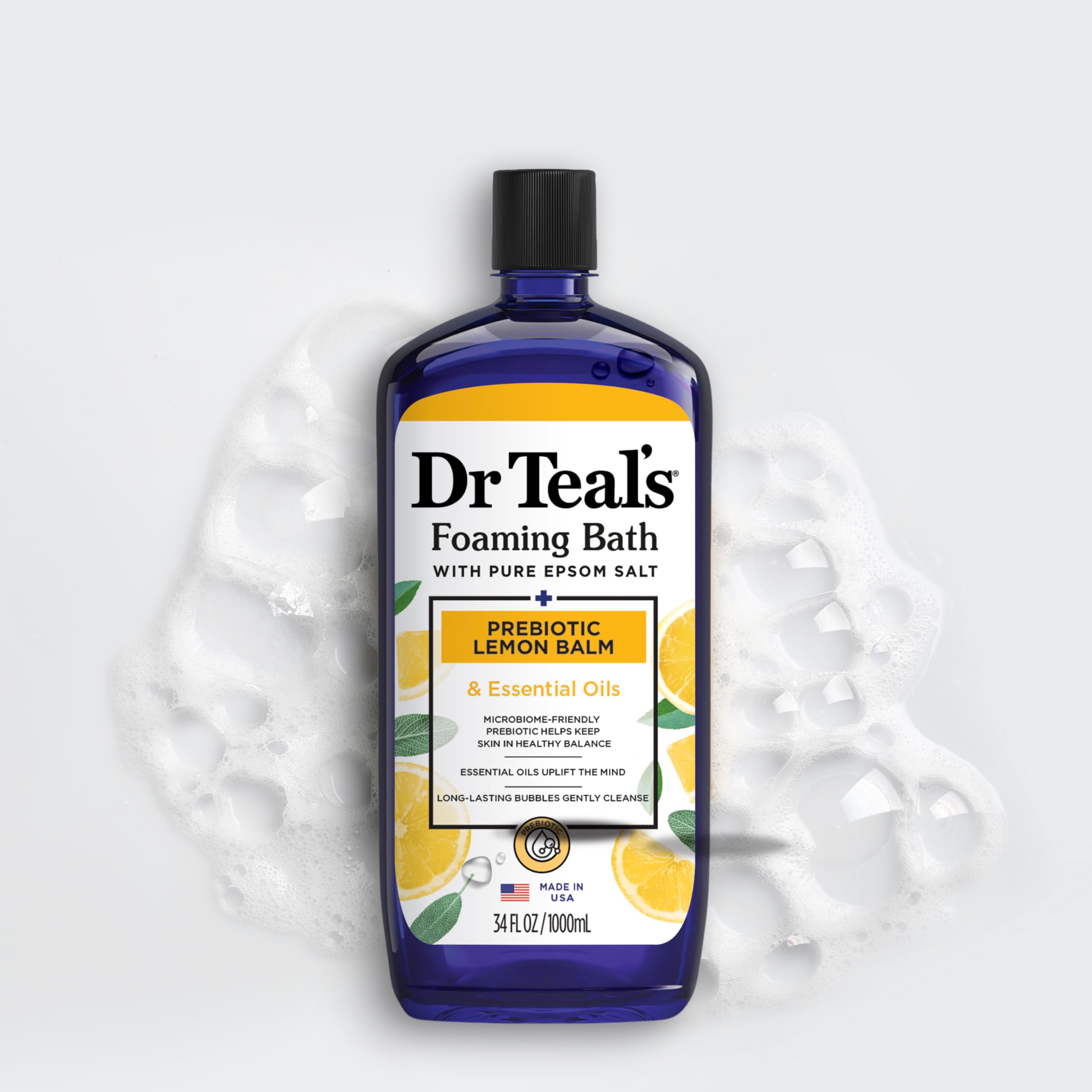 Dr Teal's Foaming Bath with Pure Epsom Salt, Prebiotic Lemon Balm & Essential Oils, 34 fl oz (Pack of 4)