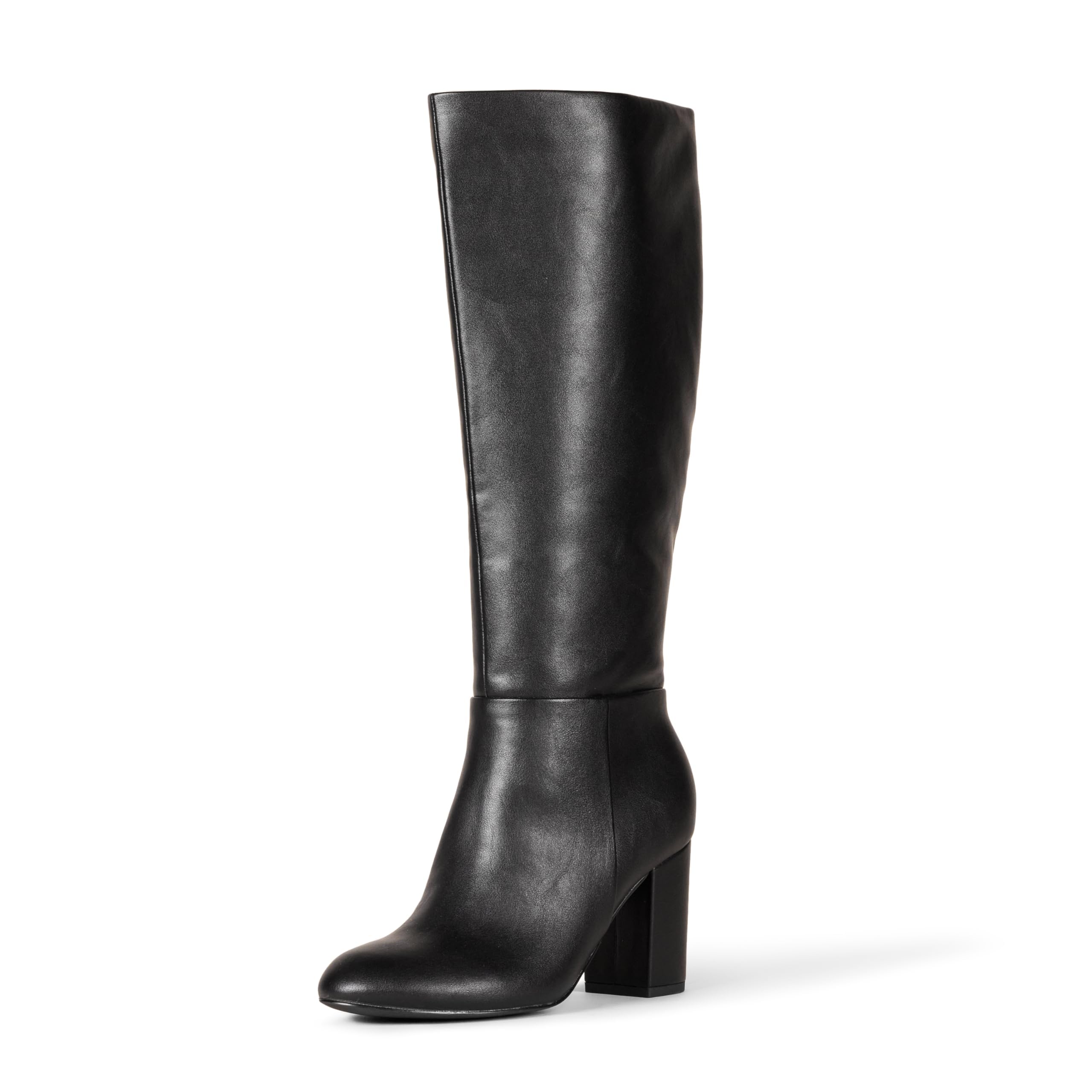 Amazon Essentials Women's Tall Boots with Chunky Block Heel, Black Faux Leather, 11 Wide