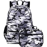 DSIUE Backpacks for Boys School Bags for Kids Elementary Bookbag and Lunch Box Set Camo Grey
