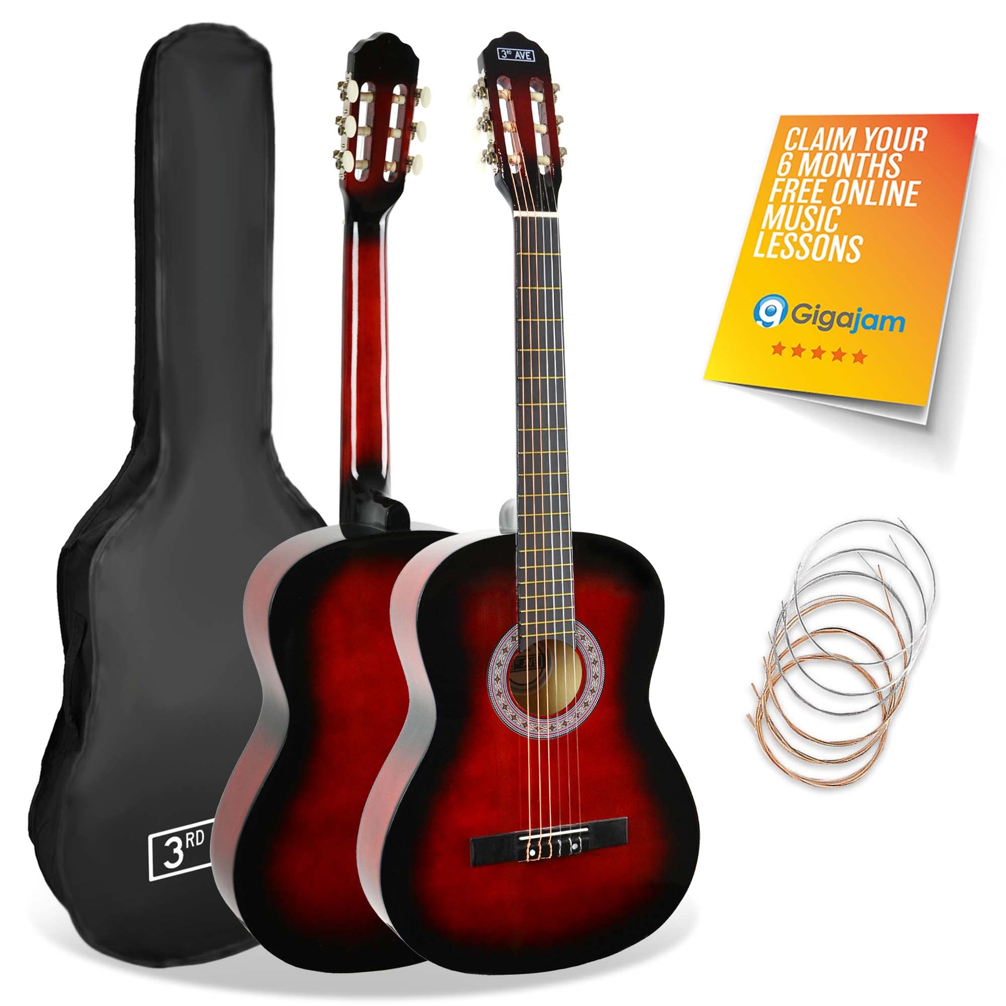 3rd Avenue Full Size 4/4 Classical Guitar Spanish Nylon String Beginner Pack Bundle - 6 Months FREE Lessons, Bag, Strings – Red