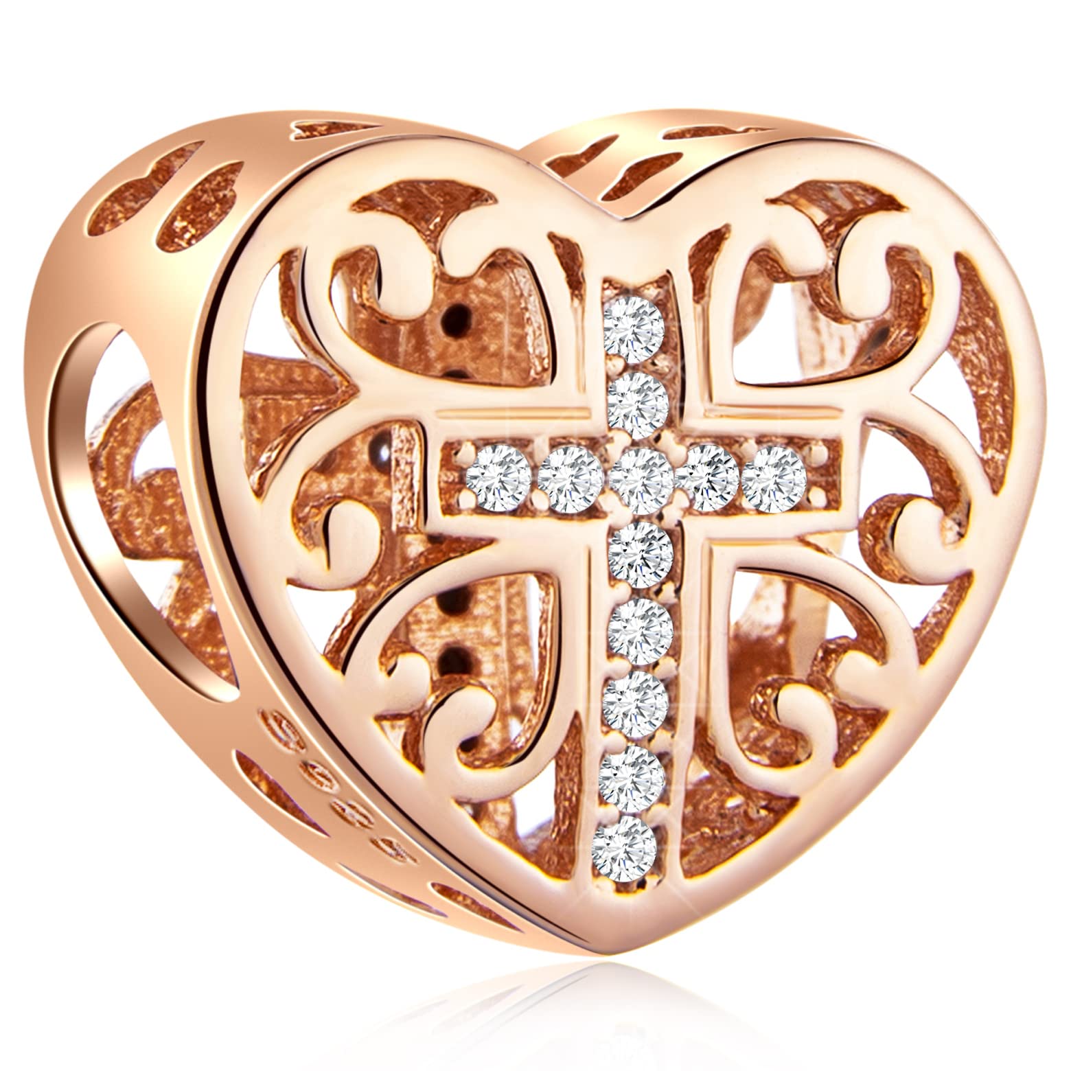 Rose Gold Faith Cross Heart Charms with Clear CZ, fits Pandora Christian Easter Bracelet, 925 Sterling Silver Religious Cross Prayer Beads, Gifts for Grandma/Mothers Day