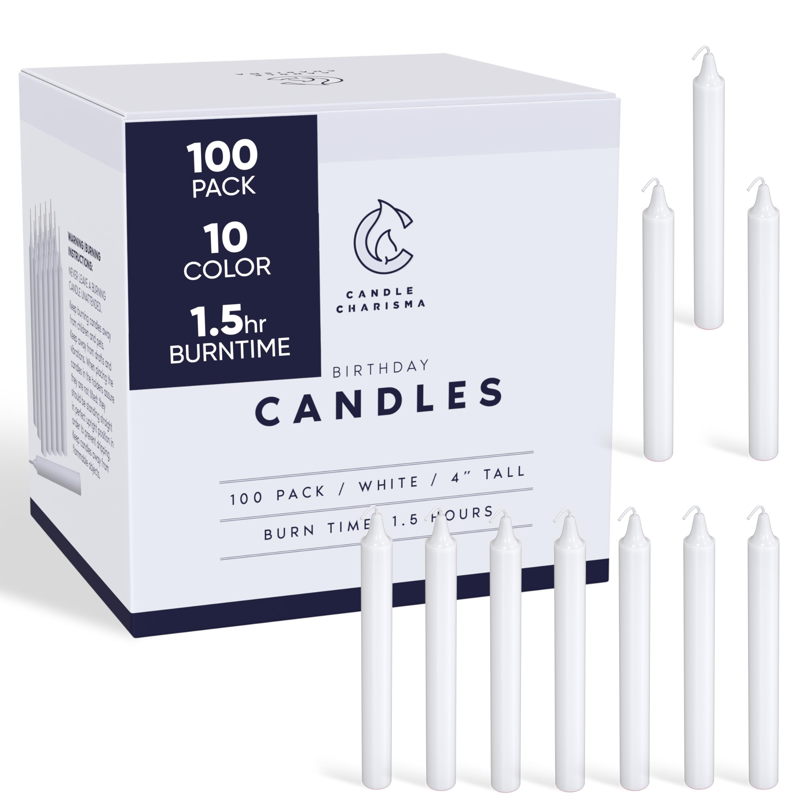 Candle Charisma 100 White Spell Candles - 4" Unscented Paraffin Chime Candles, Smokeless & Dripless, Colored Candles, Long Burn Time 0.43" Thick Taper Candles for Rituals,Birthdays and Parties