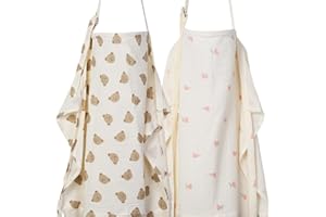 ANYEDDE 2-Pack Muslin Nursing Cover for Baby Breastfeeding - Breathable Breastfeeding Covers for Nursing with Arch Neckline, Bear & Flower Privacy Covers