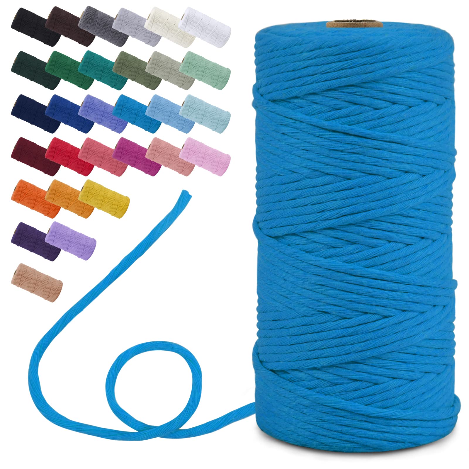 Uiopa Single Strand Macrame Cord 3mm x 100m, Macrame Yarn Thick Thread Natural Cotton Cord, Coloured Craft String for DIY Crafts, Wall Hanging, Plant Hanger, Tassels (Lake Blue)