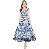 Women's Celadon Print Camisole with Vest Two Piece Set Dress Bohemian Long Dresses
