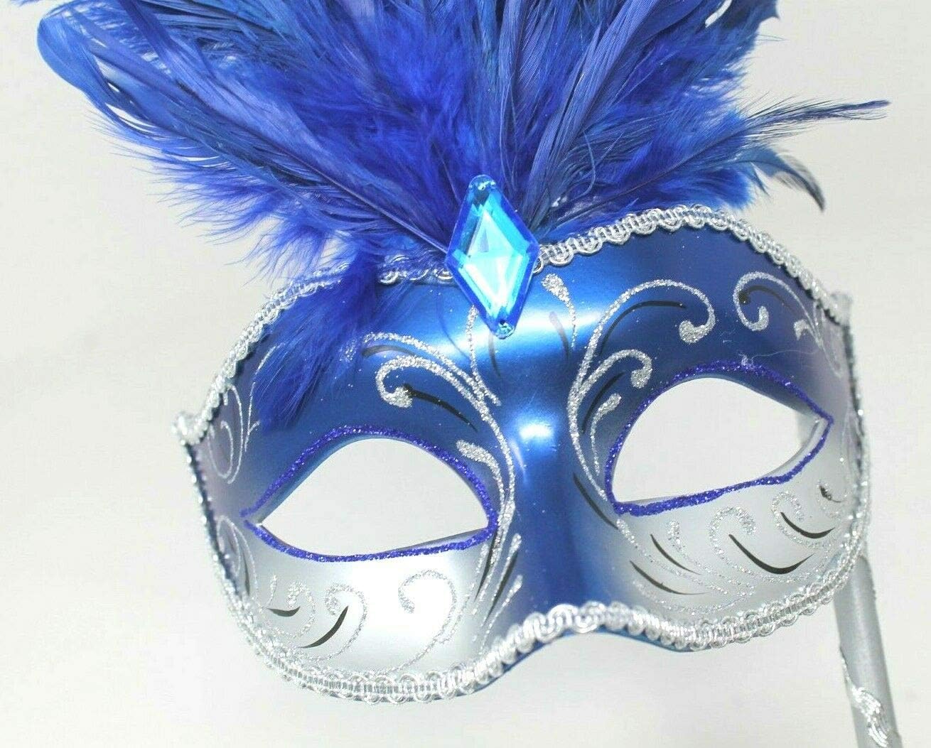 LADIES BLUE & SILVER VENETIAN MASQUERADE HALLOWEEN CARNIVAL PARTY EYE BALL LONG FEATHER MASK ON A STICK, Blue Silver, 8cm Deep