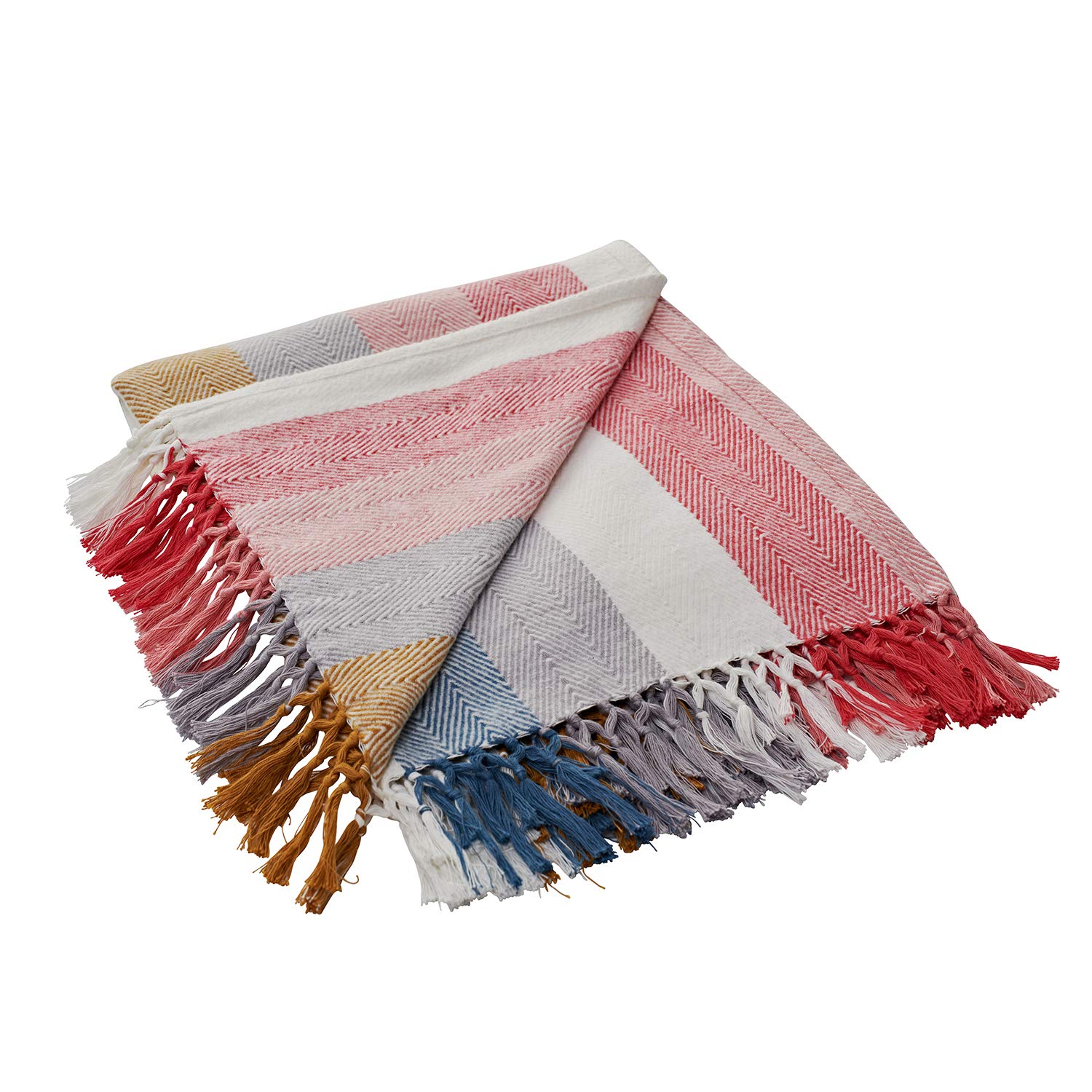 MOTINI Striped Throw Blanket 100% Turkish Cotton Handmade Brushed Fringed Multi-Colored Herringbone Decorative Soft Cozy Modern Throw Blanket for Bed Couch Sofa Office Chair,50\