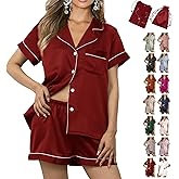 WJing Yi Jia Womens 3Pcs Floral Pajamas Sets Silk Satin Sleepwear XS~4XL Button Down Short Sleeve Shirt Pjs Loungewear