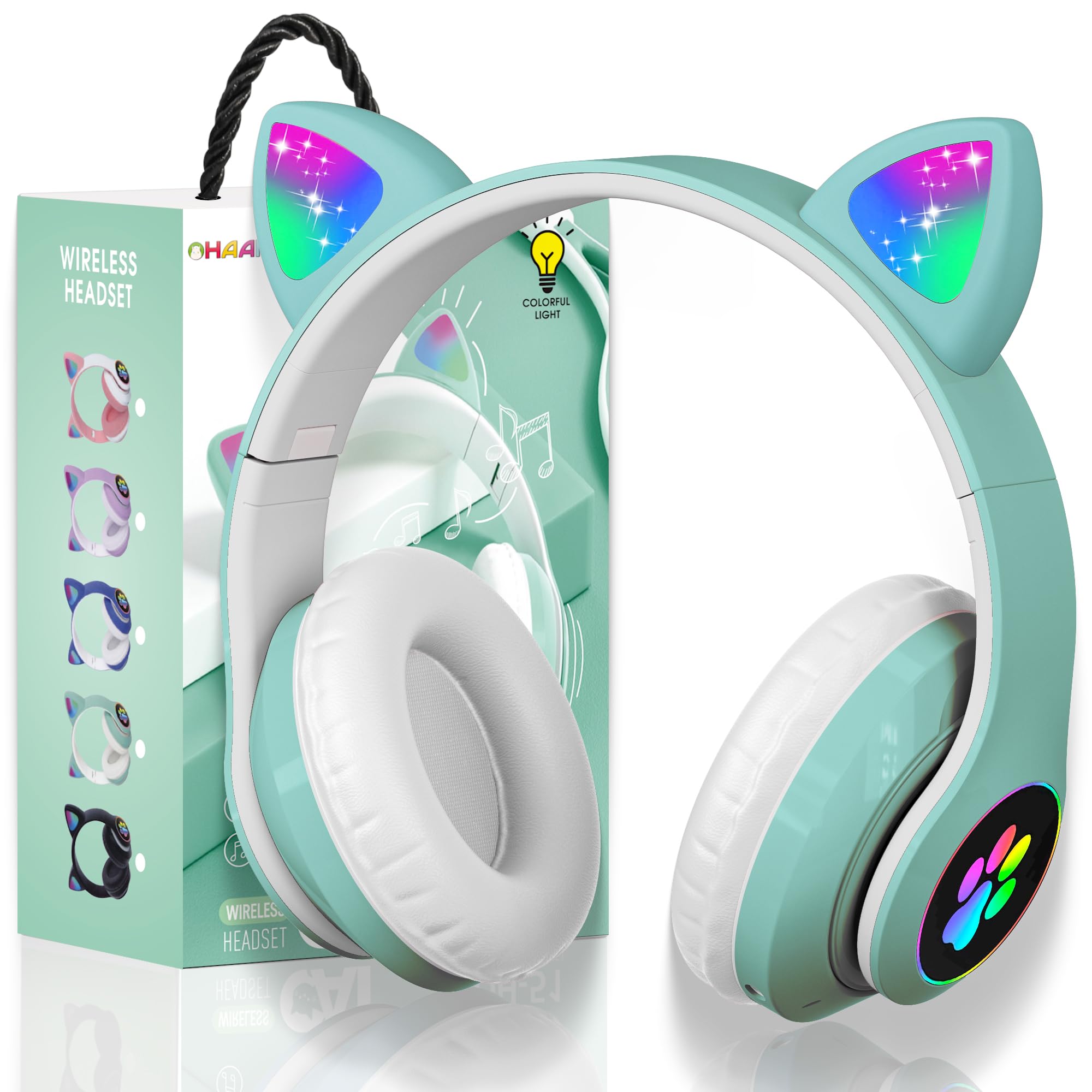 Photo 1 of KERHAND Bluetooth Headphones for Kids, Cute Ear Cat Ear LED Light Up Foldable Headphones Stereo Over Ear with Microphone/TF Card Wireless Headphone for iPhone/iPad/Smartphone/Laptop/PC/TV (Green)