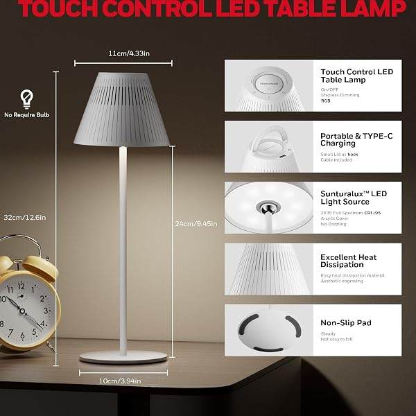 HONEYWELL CORDLESS TABLE LAMPS RECHARGEABLE SET OF 2, M1 SUNTURALUX PORTABLE LED DESK LAMP 5200MAH 4COLOR 9RGB DIMMABLE BEDSIDE LAMPS FOR RESTAURANT/BEDROOM/BARS/PARTY/CAMPING NIGHT LIGHT