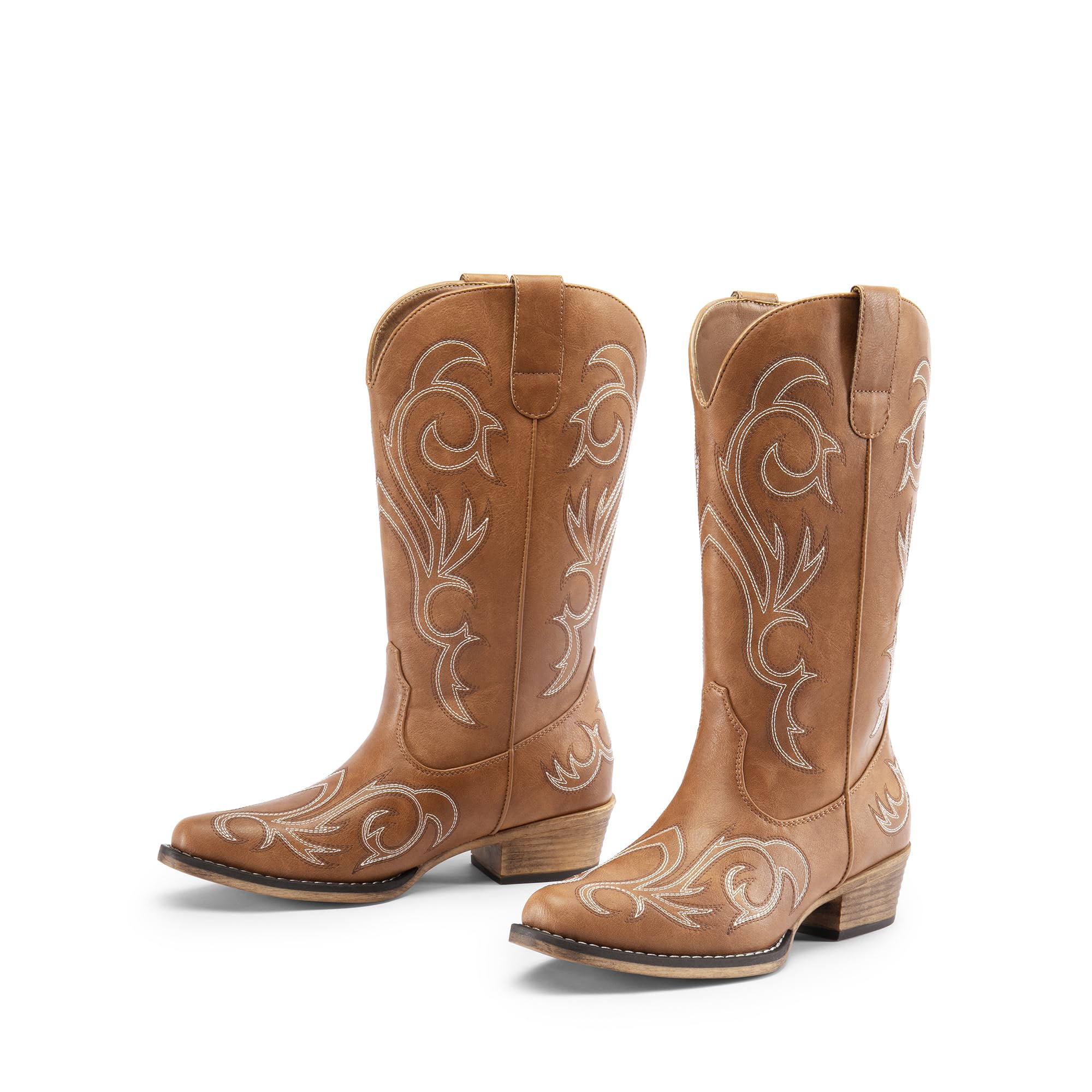 DREAM PAIRS Women's Cowboy Boots Mid Calf Cowgirl Boots Square Toe Chunky Heel Embroidery Stitched Western Boots