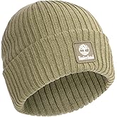 Timberland Men’s Rib Tonal Logo Beanie - Soft Knit Winter Hat, Stretch Fit, Foldover Cuff, Warm Texture for Cold Weather Wear