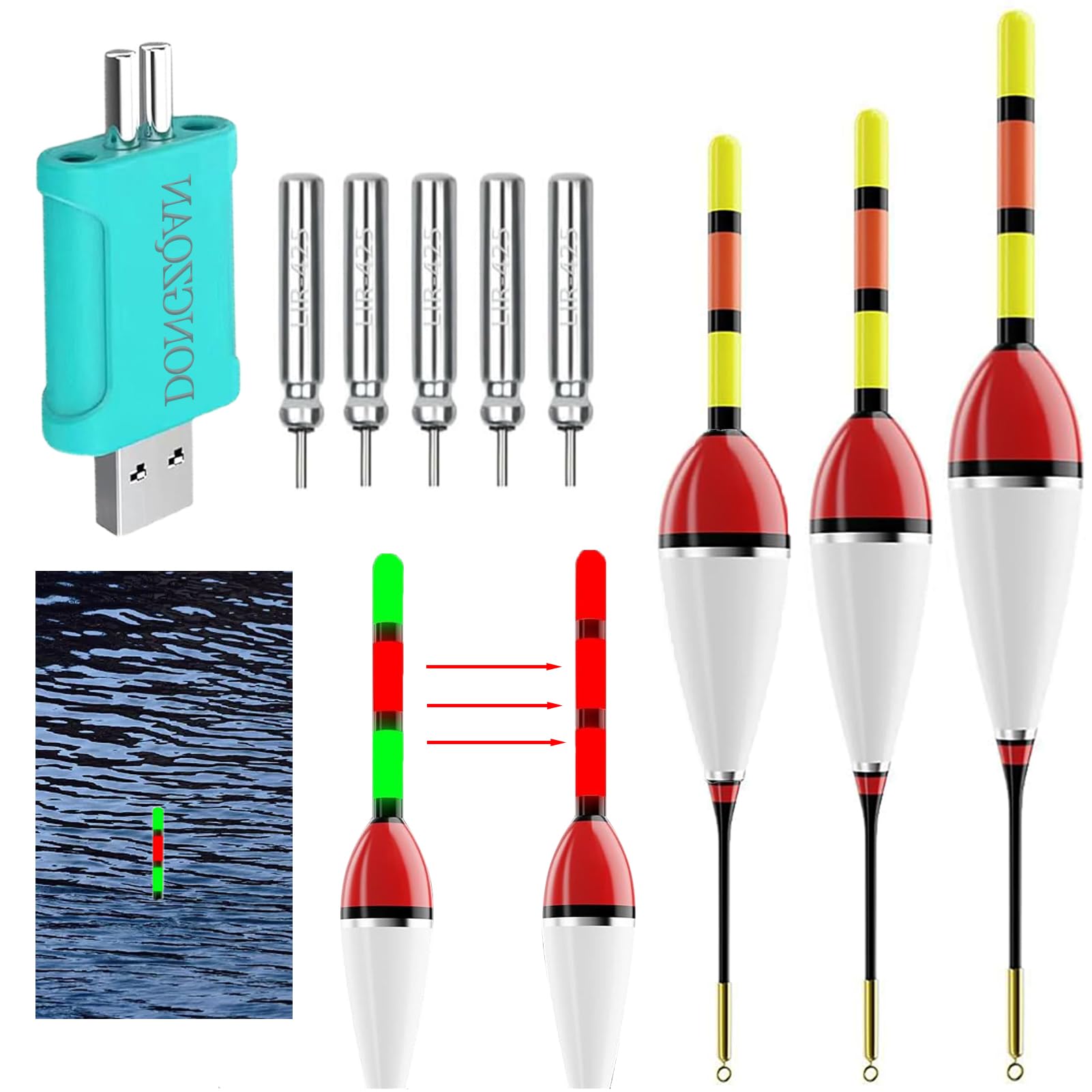 DONGZQAN Set of 3 LED Floats Fishing with Bite Alarm, Light Floats LED Fishing Floats, Fishing Accessories Set, Bite Alarm Fishing, Swimmer Fishing, Fishing Float Set with Gravity Sensing and Metal