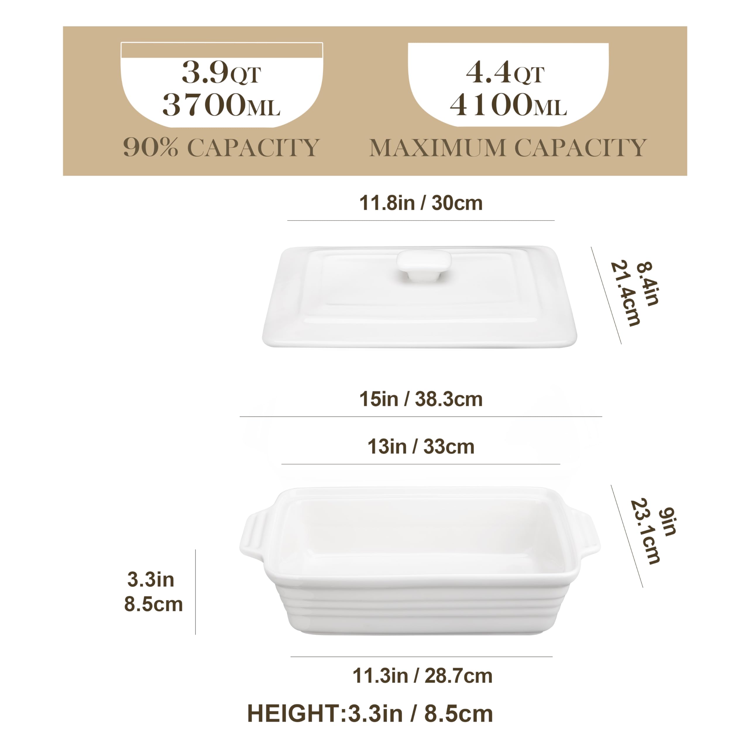 MALACASA Casserole Dish for Oven, 4.4 Qt Porcelain Baking Dish with Lid, 9x13 Baking Pan with Handles, Large Lasagna Pan Deep, Rectangular Bakeware, Microwave Safe, White, Series BAKE