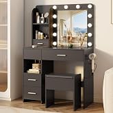 Otterease Vanity Desk with LED Lighted Mirror&amp;Power Outlet, 3 Lighting Colors Makeup Vanity Desk with 5 Large Drawers and 3 Storage Shelves, Vanity with Storage Stool for Bedroom,Black