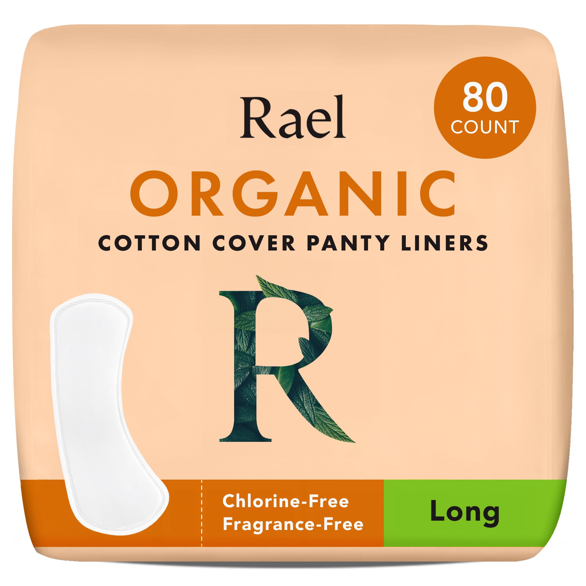 Rael Organic Cotton Cover Panty Liners for Women - Light Absorbency, Vegan, Cruelty Free, Hypoallergenic, Unscented, Chlorine Free, Bulk Buy (Long, 80 Count)