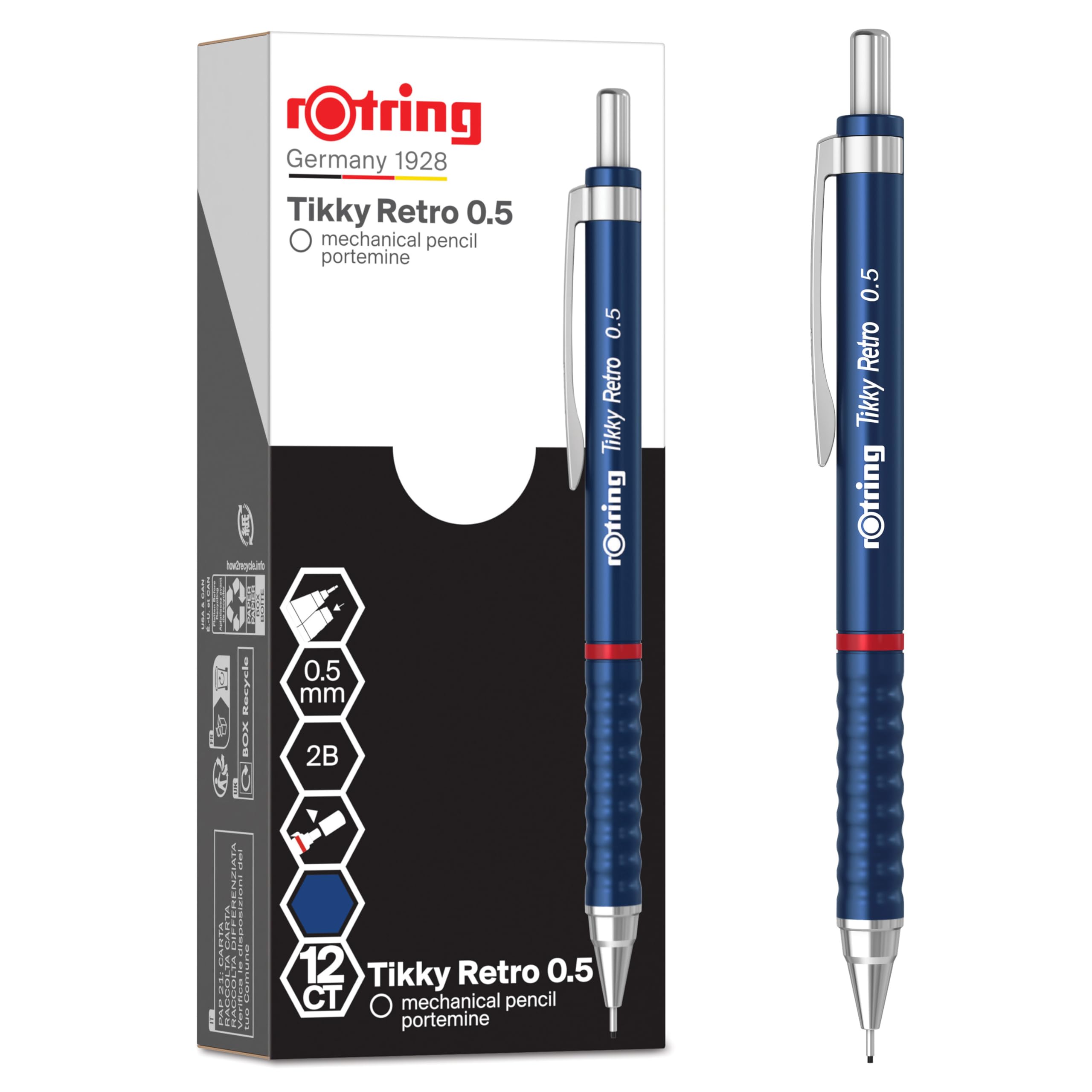 rOtring Tikky Retro Druckbleistifte | 2B 0,5 mm | Blauer Schaft | mit geriffeltem Griff für hohen Komfort | 12 Stück