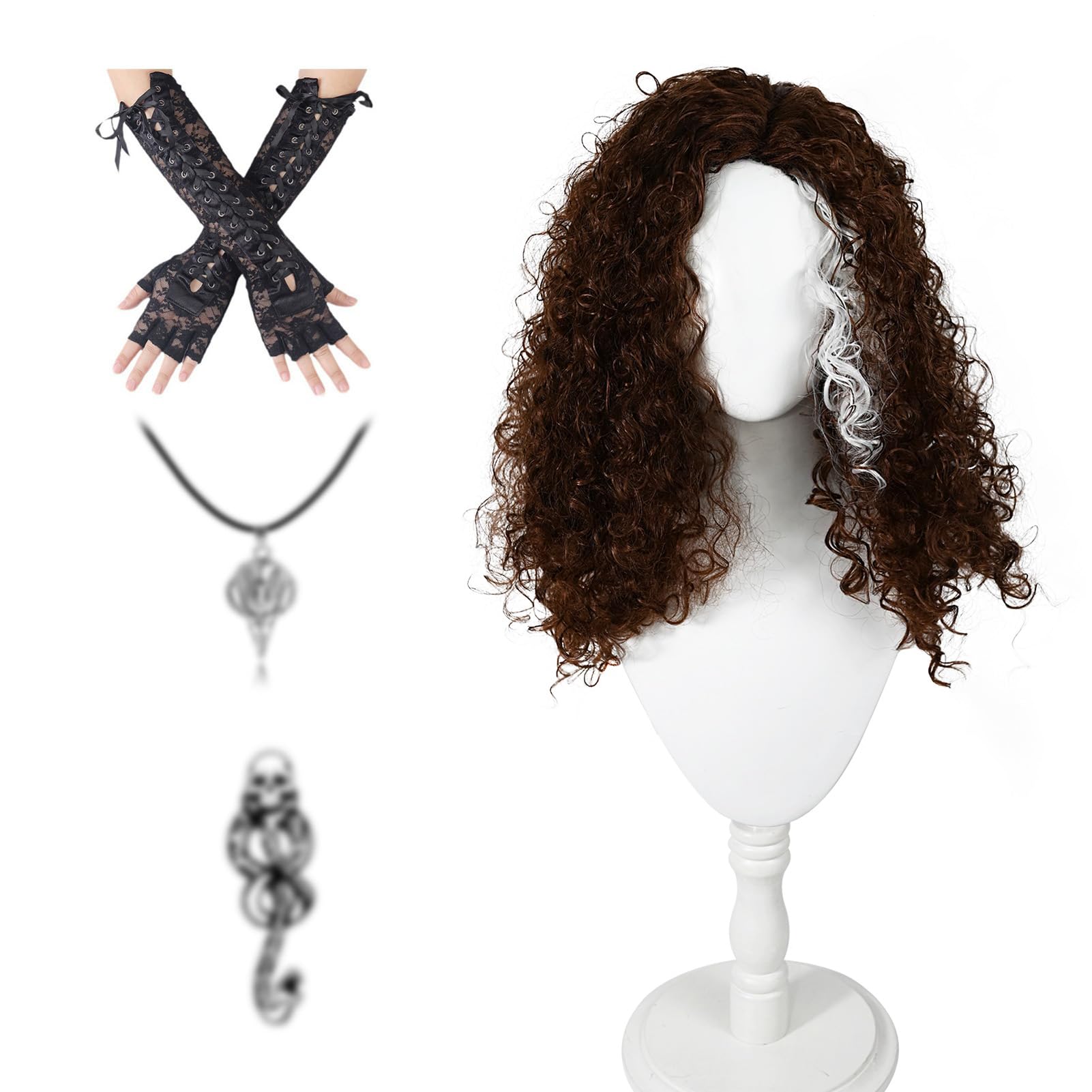 Photo 1 of abouder Long Afro Curly Fluffy Wig Women Cosplay Halloween Costume Wigs with Bird Skull Pendant Necklace Black Long Fingerless Gloves and Fake Tattoo