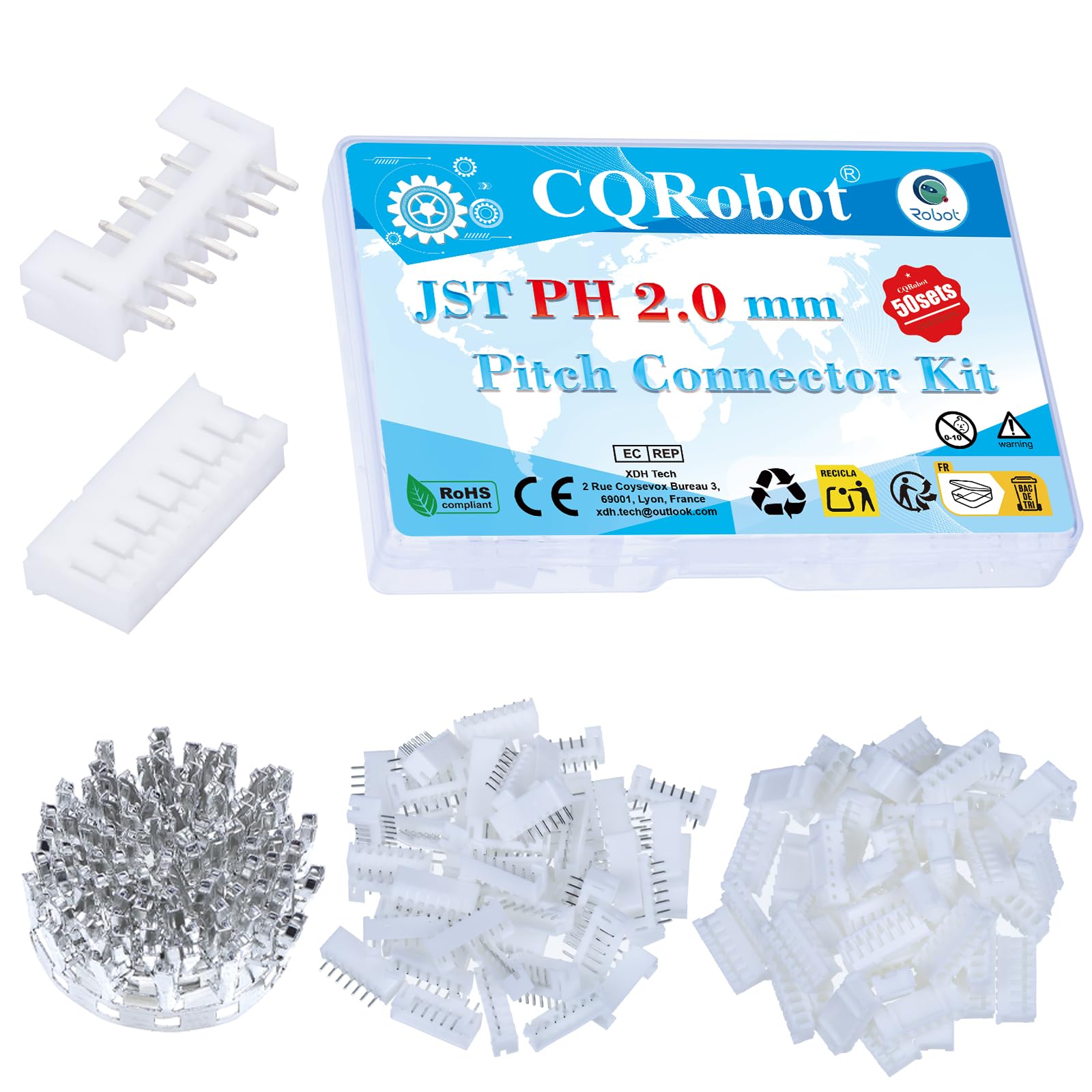 CQRobot JST PH 2.0 mm Pitch 7-Pin Electronic Computer Connector IC Male Plugs, Female Sockets Housing and T-Shaped Crimp Terminal Kit. 50 Sets/450 Pieces Wire-to-Board Adapter Cable Assembly.