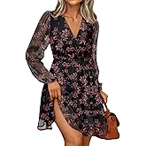 LILLUSORY Womens Long Sleeve Wedding Guest Dresses Winter 2026 Casual Fall Fashion V Neck Mini Chiffon Dress Flowy Clothes