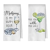 XIVENHAVM Mahjong Gifts Kitchen Towels Set - Mahjong Wine Decorative Waffle Dish Towels, Chinoiserie Mah Jong Martini Hand Towels, Alcohol Mah Jong Friends Gifts Tea Towel, 16×24 Inches Set of 2