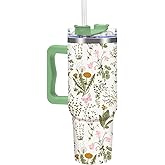 FYSUIMU 40Oz Vintage Wildflower Tumbler with Straw & Lid Green Floral Travel Coffee Tumbler Cup with Handle for Spring Party Favor Supplies