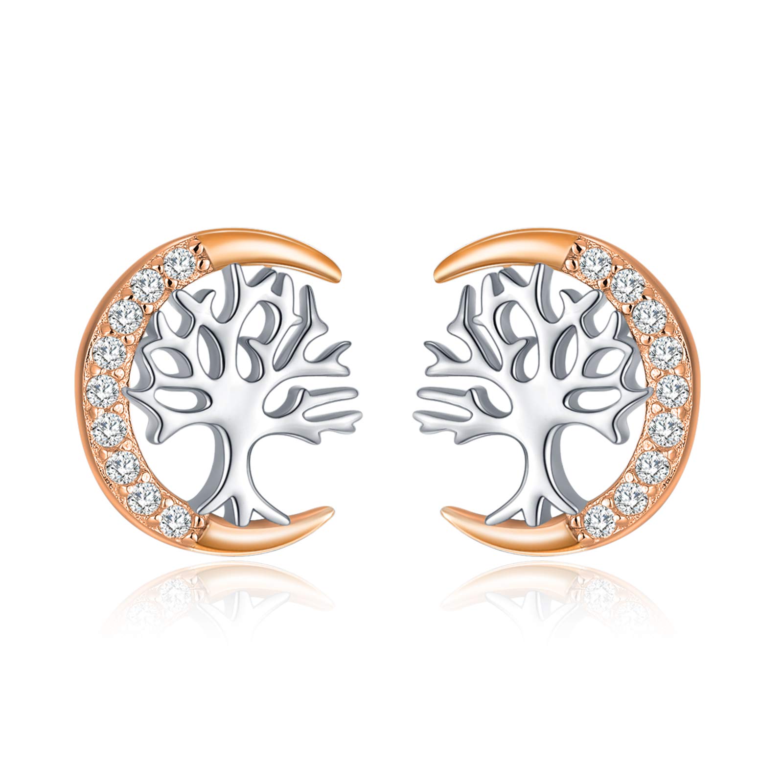 TANGPOET Tree of Life Earrings for Women 925 Sterling Silver Family Tree Stud Earring for Girls, Birthday Jewellery Gifts for Her, Rose Gold