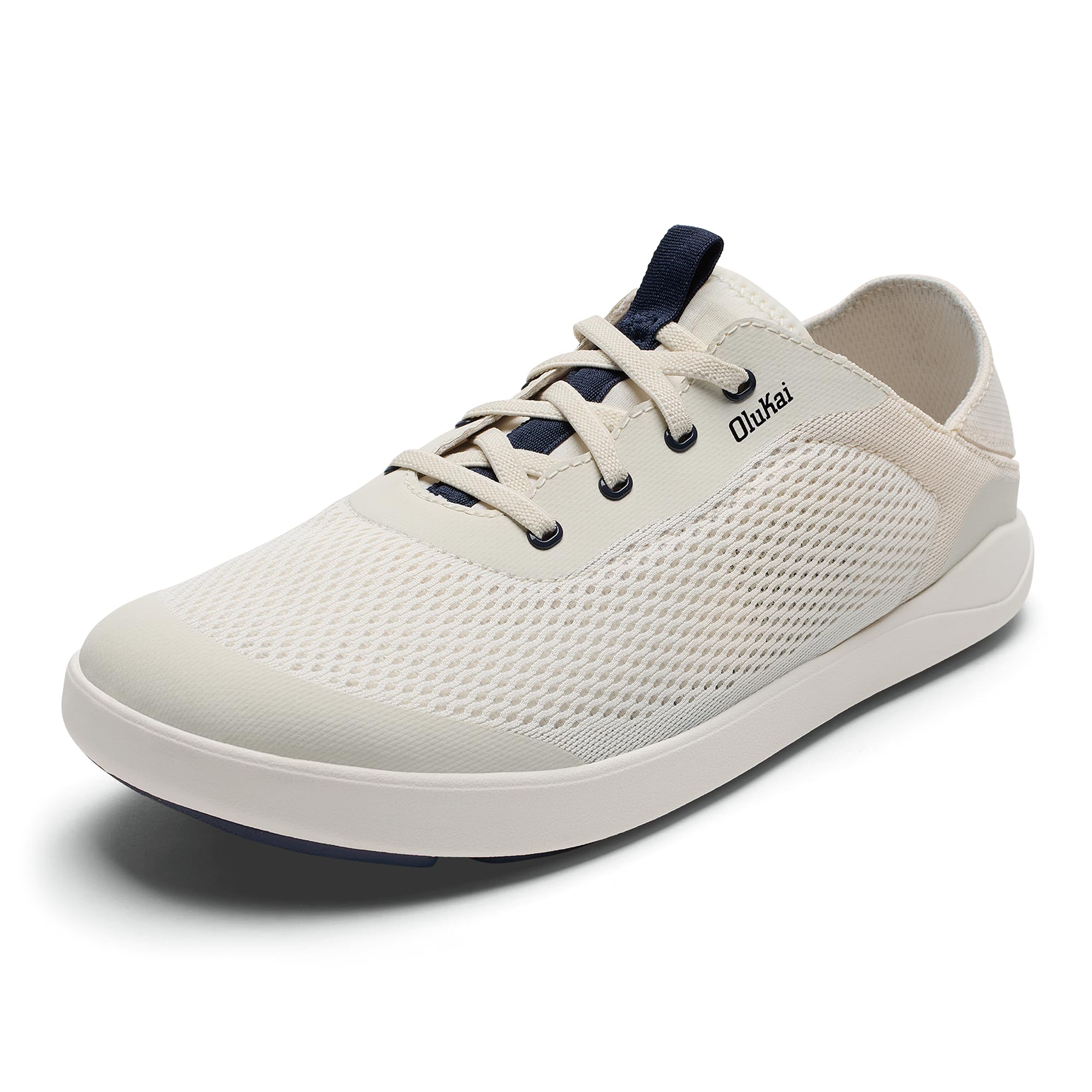 OLUKAI Moku Pae Men's Boat Shoes, Water Resistant & Breathable Mesh, Easy Slip On Design, Quick-Drying & Enhanced Traction, White Sand/Trench Blue, 13 Image