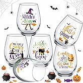 Bokon 6 Pcs Halloween Stemless Wine Glasses 15oz Witches Wine Glasses Hallo Queen Drinking Glasses Ice Coffee Beer Beverages Clear Tumbler Cups Halloween Gifts for Women Men Party Event Decorations