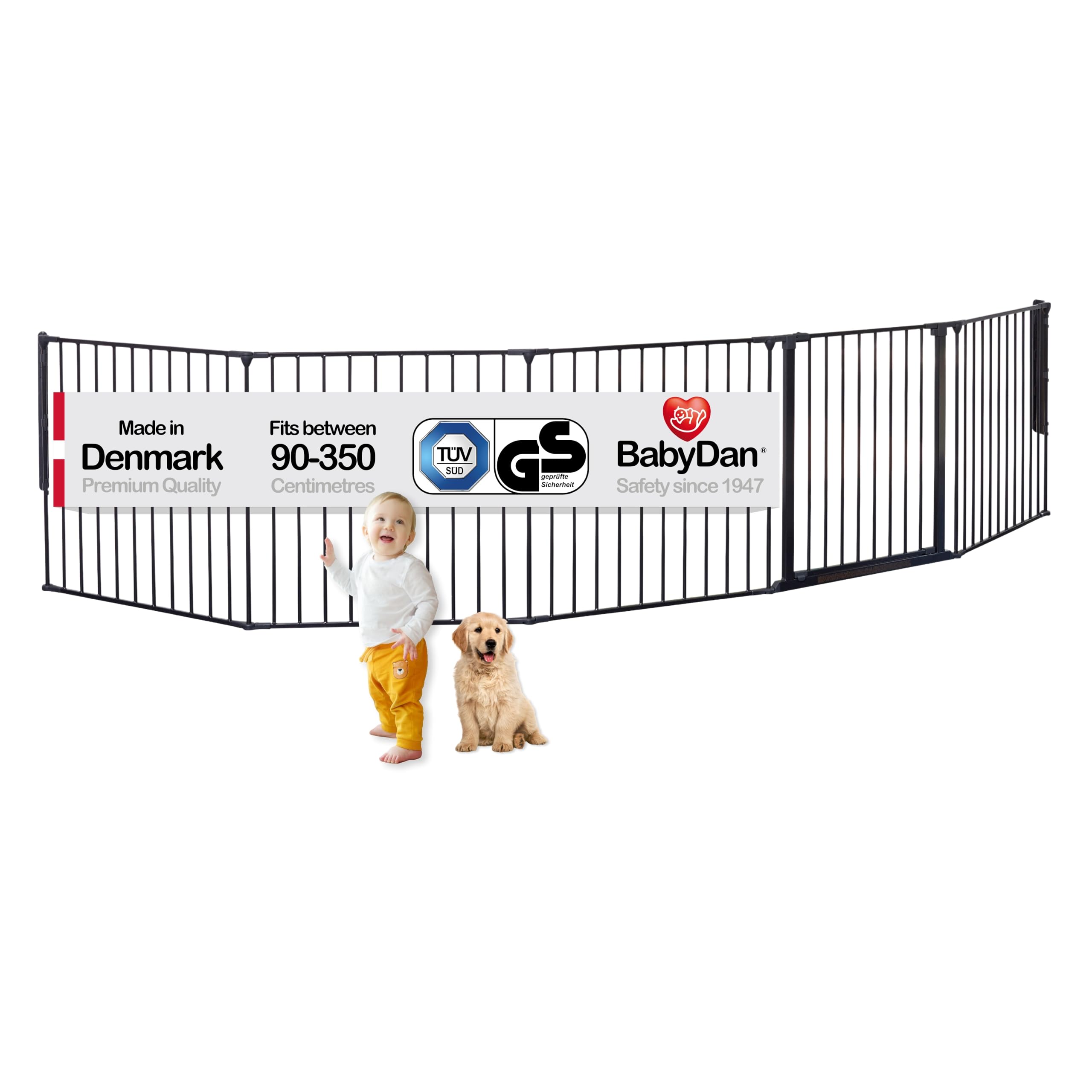 BabyDan Flex XXL, 90-350 cm, Hearth Gate/Stair Gate/Room Divider/Fire Surround, Black, Made in Denmark - Baby Gate/Safety Gate (Pet Gate/Dog gate/Dog playpen)