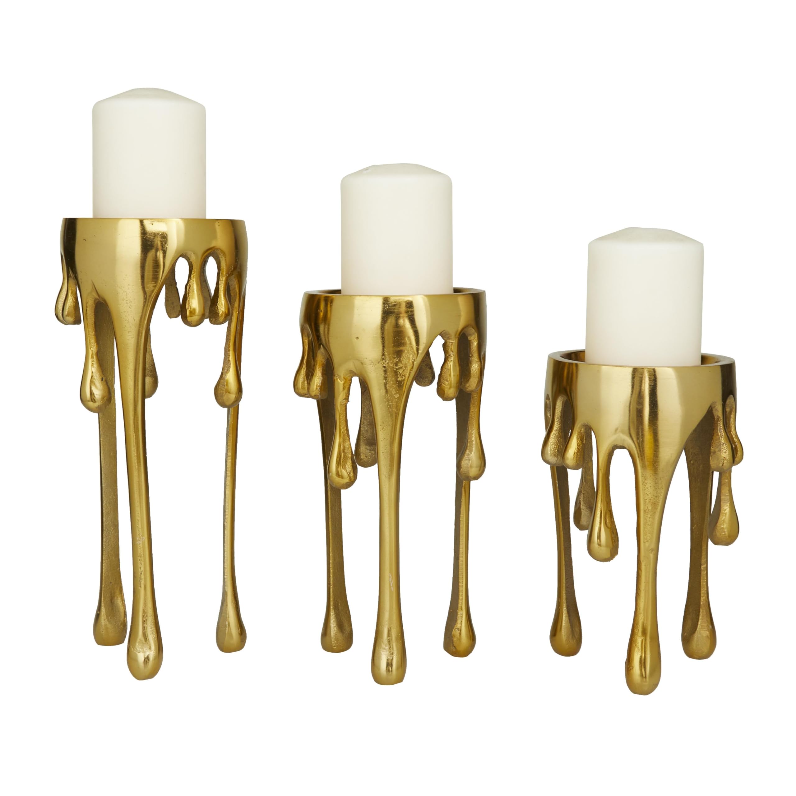 Photo 1 of CosmoLiving by Cosmopolitan Aluminum Metal Abstract Decorative Candle Holder Melting Drip Candle Stand, Set of 3 Candlestick Holder 12", 10", 8"H, Gold