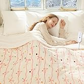 VELLUBAM Pink Bow Heated Throw Blanket 50" x 60" - Soft Cute Flannel Sherpa Electric Blanket Throw with 5 Heating Levels & 4 Hours Auto-Off, Love and Coquette Heating Blanket as a Gift for Daughter