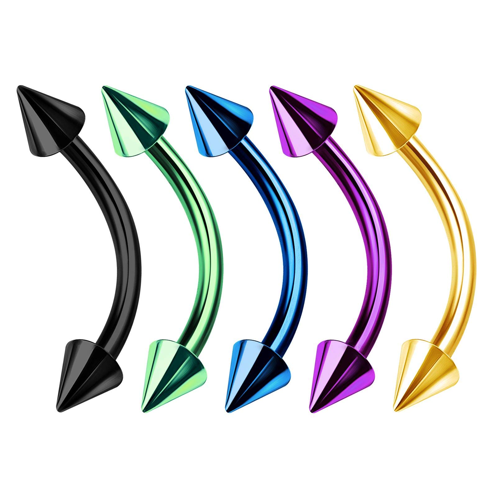 KJM FASHION 5PCS Surgical Steel Curved Barbell Bar Ring Stud 16 Gauge 3/8 10mm 3mm Cone Tragus Earring Snake Bite Piercing Jewellery 3718