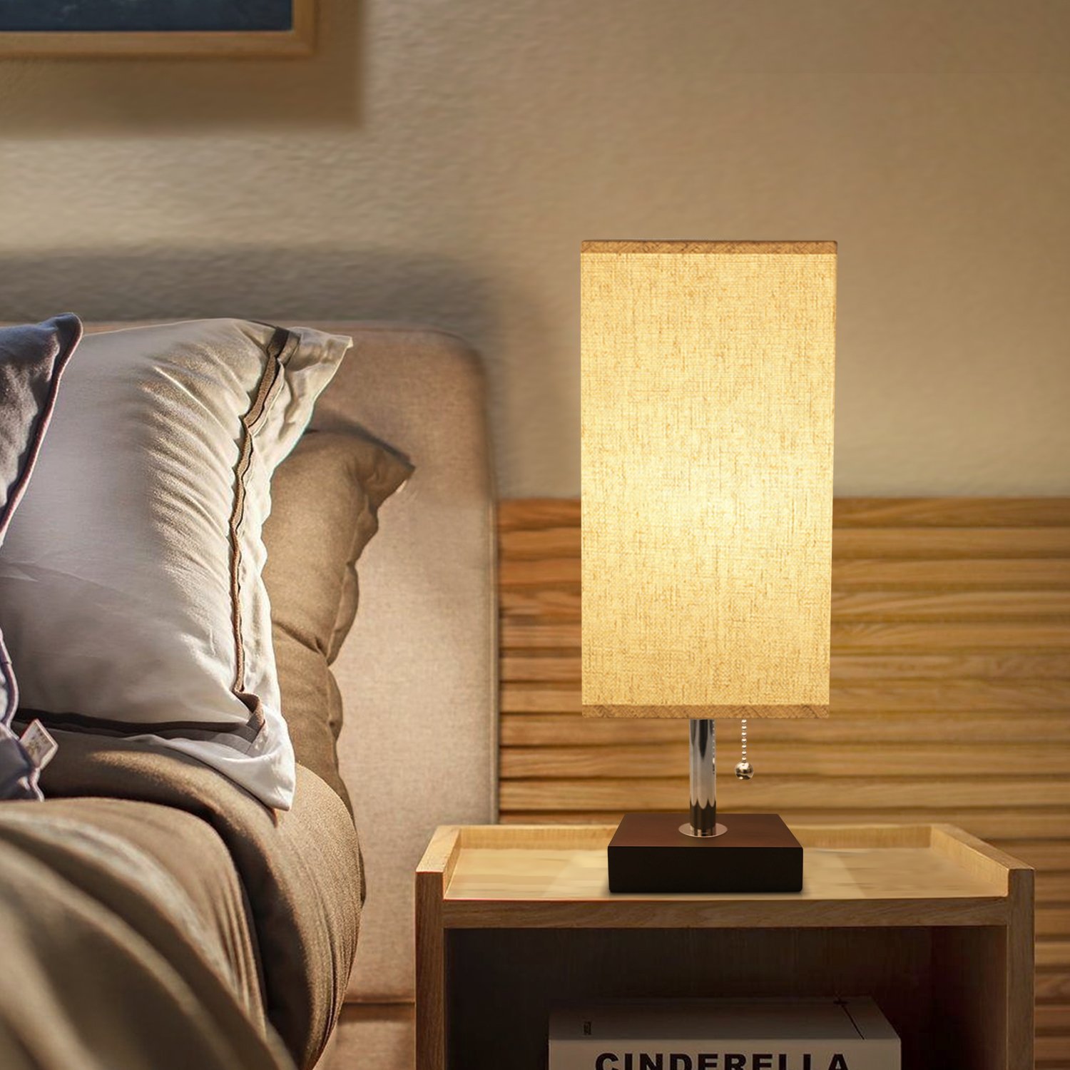 USB Bedside Table Lamp, Seealle Solid Wood Nightstand Lamp, Minimalist