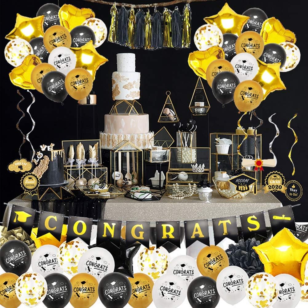 2020 Graduation decorations 53pcs set graduation Baloons-graduation Banner-graduation Hanging Swirls Strings-Black Gold Tissue Paper Pom Poms for Wedding,Graduation Party Supplies 2020: Toys & Games