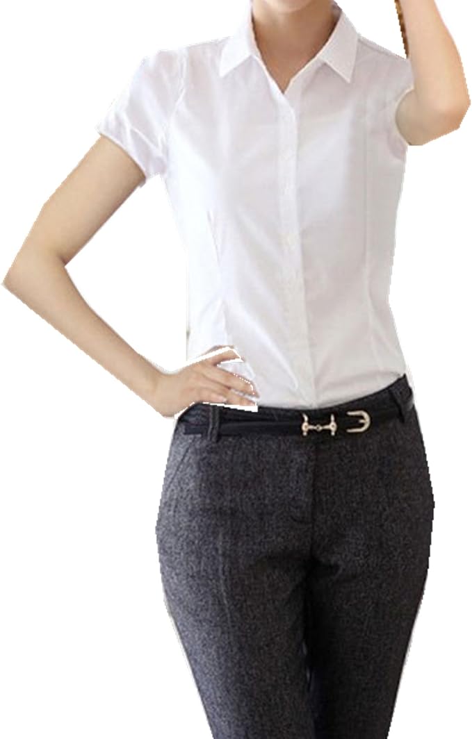 Taiduosheng Women White Slim fit Button Down Shirt with Bow tie Short