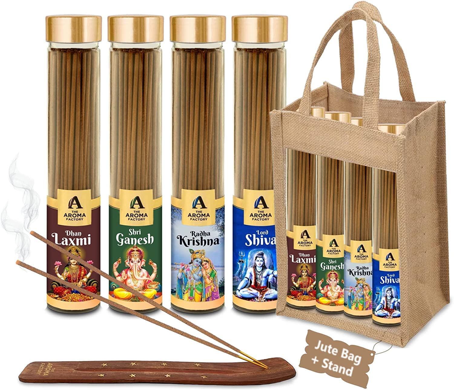The Aroma Factory Organic Incense Sticks Natural Aromatic Fragrances | Charcoal Free| Non Toxic | Hand Made Herbal Pooja Agarbatti, Combo of 4 x 100g Jute Gift Set (God's Fragrance)