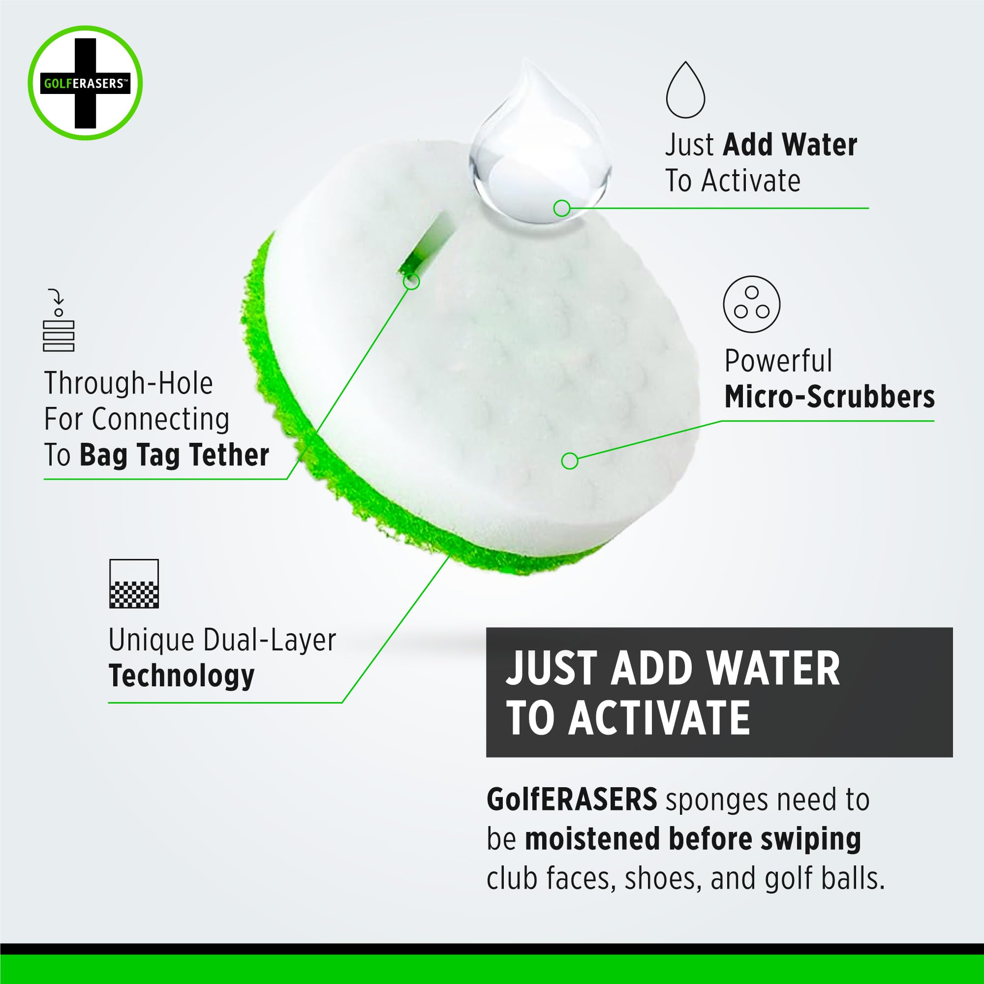 GolfERASERS Instant Golf Eraser with Bag Tether, Premium Dual-Sided Sponge for Cleaning Clubs, Shoes & Golf Balls - Golf Club Cleaner, Golf Ball Cleaner, Golf Club Groove Cleaner, 6 Pack