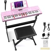 Ktaxon 61 Key Keyboard Piano Electric Keyboard with Lighted Keys | Electric Piano Set with Headphones, Microphone, Music Rest, Power Adapter, Stand, Piano Bench, Stickers &amp; Manual (Full-Pink)